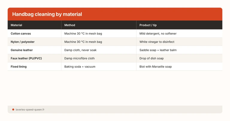Handbag cleaning by material
